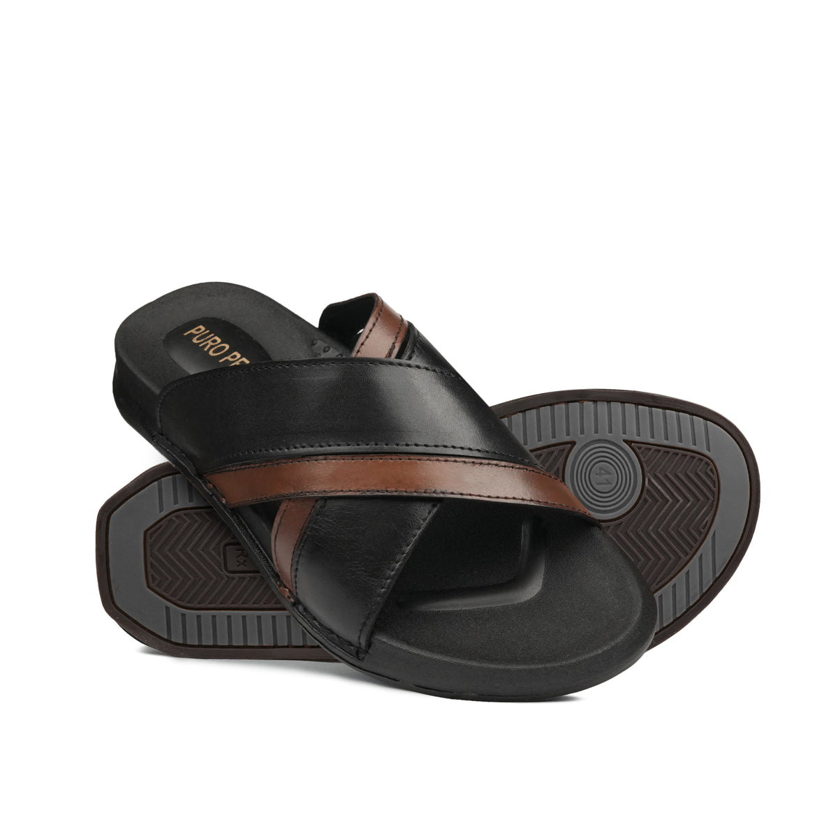 Black & Brown Cross-Strap Leather Slippers SA63