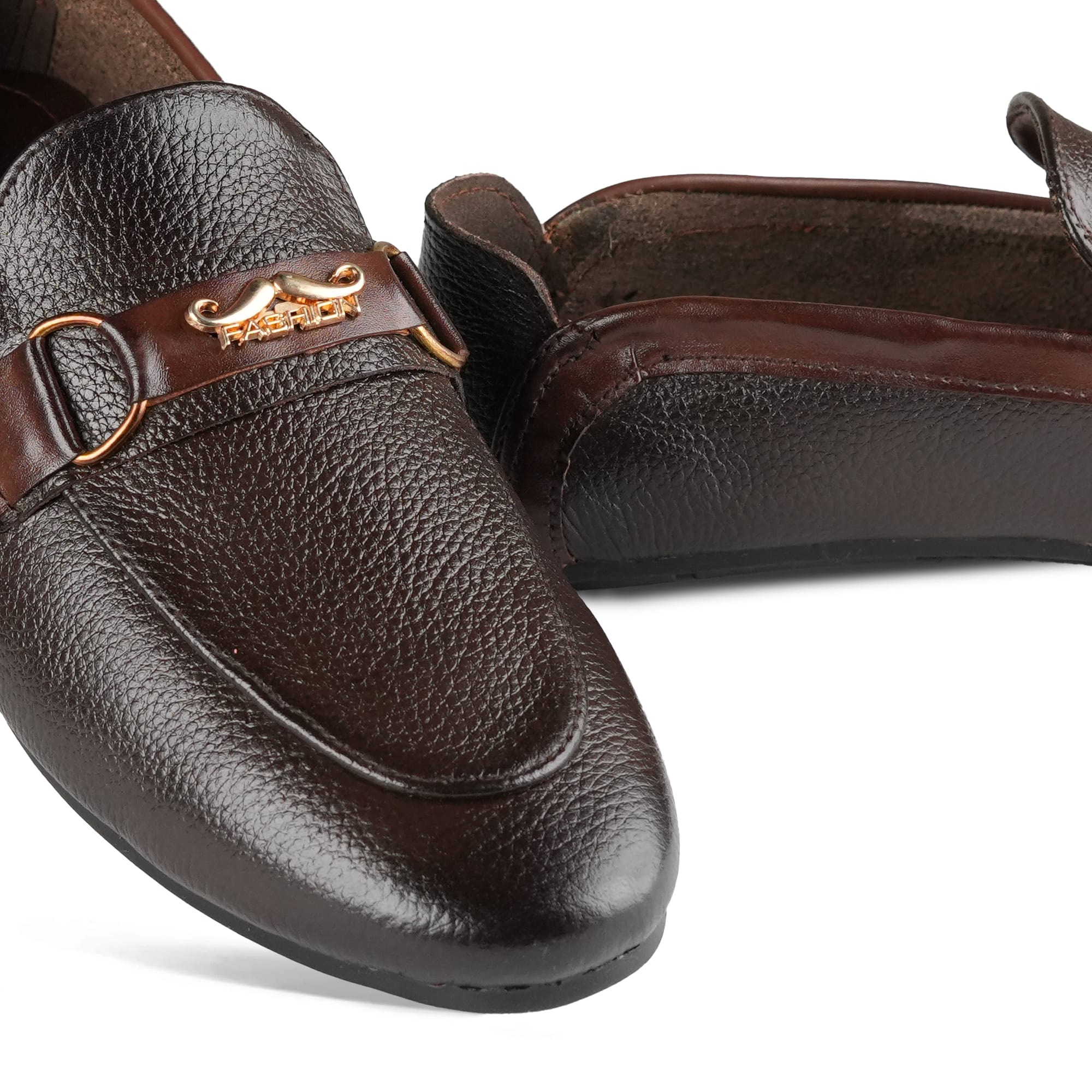 Brown Leather Shoes with Gold-Tone Metal Accent PA24