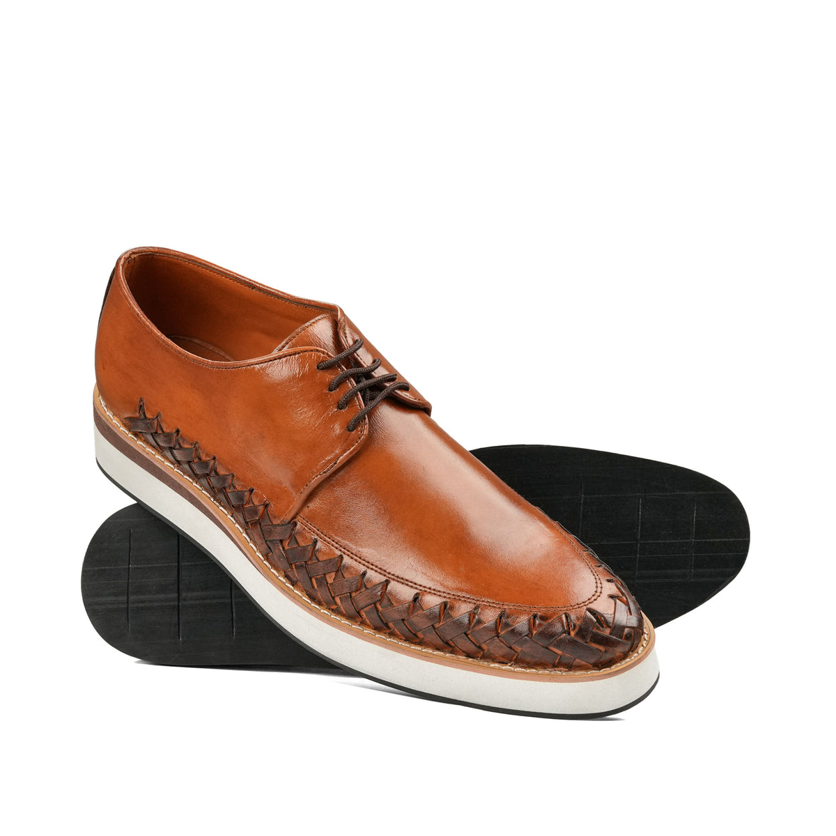 Brown Leather Woven Derby Shoe PS02