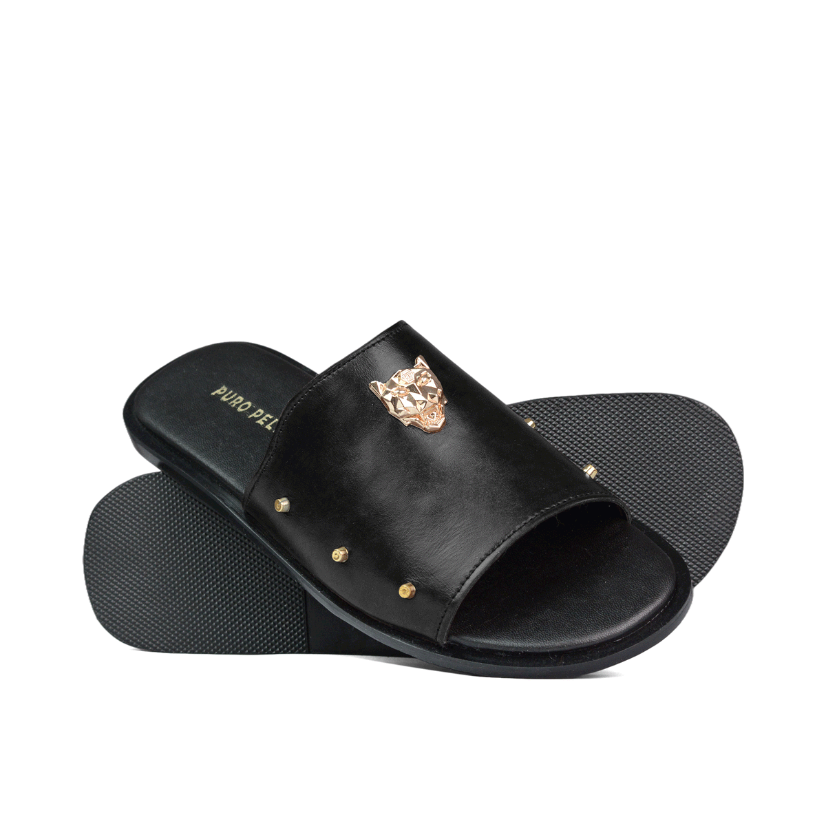 Men Black Head Buckle Slippers